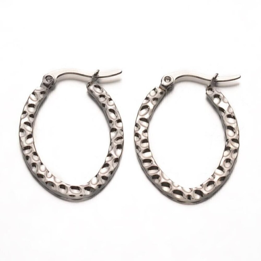 Surgical Stainless Steel Art Deco Carved Hammered Pattern Silver Hoop Earrings